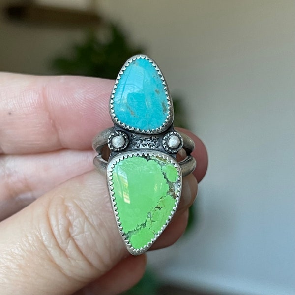 Turquoise and Gaspeite Double Stone Ring, Handmade Sterling Silver Bohemian Jewelry, Unique Gifts For Her, Large Chunky Ladies Rings