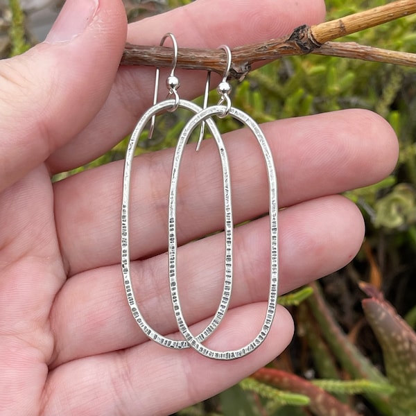 Sterling Silver Long Oval Hoop Earrings, Handmade Bohemian Jewelry, Unique Gifts For Her, Lightweight Silver Earrings, Drop Earrings, Rustic