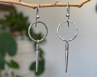 Silver Circle Spear Earrings, Handmade Sterling Silver Bohemian Jewelry, Rustic Lightweight Hoop Dangle Earrings, Silver Drop Earrings