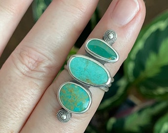 Kingman Turquoise Triple Stone Statement Ring, Handmade Sterling Silver Western Bohemian Jewelry, Multi Stone Rings, Unique Gifts For Her