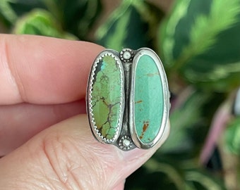 Turquoise Double Stone Statement Ring, Handmade Sterling Silver Bohemian Jewelry, Unique Gifts For Her, Multi Stone Ring, Chunky Rings