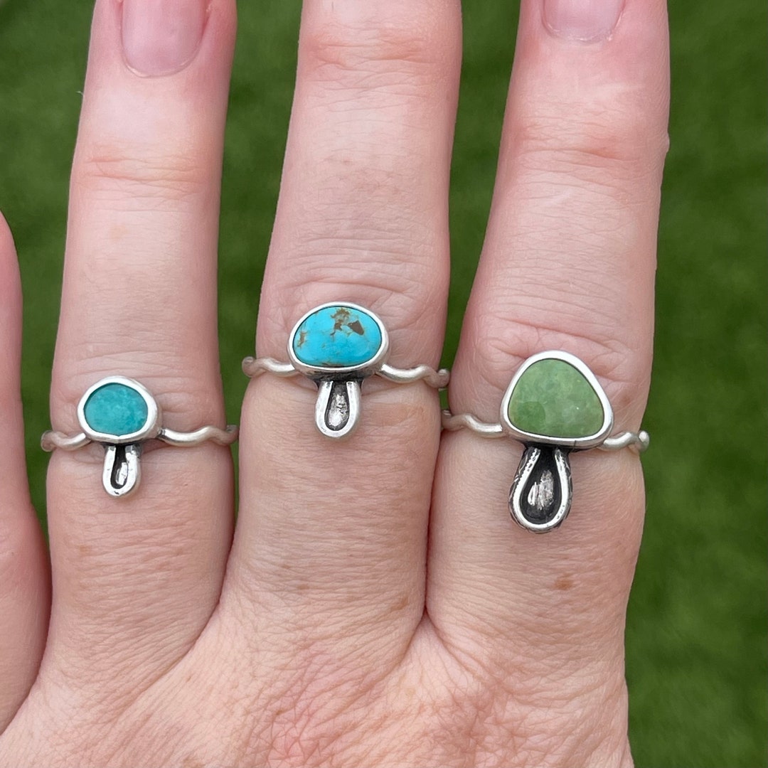Kingman Turquoise Mushroom Rings, Handmade Sterling Silver Bohemian