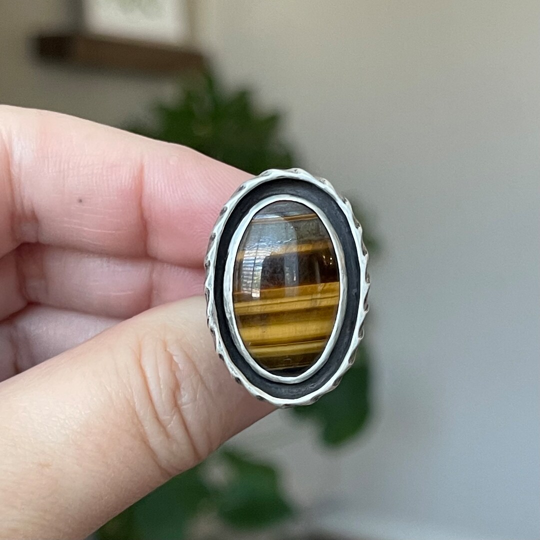 Tigers Eye Oval Shadow Box Ring, Handmade Sterling Silver Bohemian ...