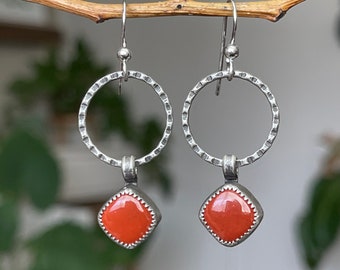 Red Jasper Hoop Dangle Earrings, Handmade Sterling Silver Bohemian Jewelry, Lightweight Earrings, Unique Gifts For Her, Rustic Earring