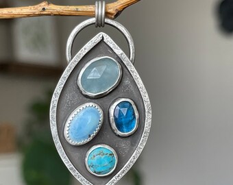 Blue Multi Stone Statement Pendant, Handmade Sterling Silver Bohemian Jewelry, Unique Gifts For Her, Sapphire Turquoise Aquamarine Necklace