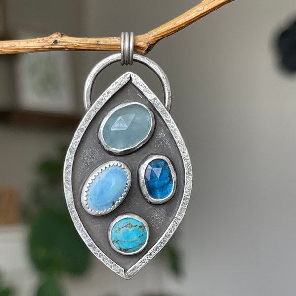 Blue Multi Stone Statement Pendant, Handmade Sterling Silver Bohemian Jewelry, Unique Gifts For Her, Sapphire Turquoise Aquamarine Necklace