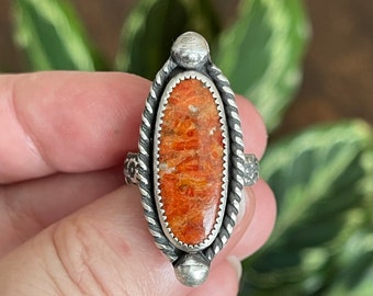 Coral Sterling Silver Statement Ring, Handmade Rustic Bohemian Jewelry, Flower Ring, Chunky Long Oval Ladies Rings, Orange Summer Jewelry