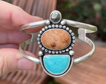 Turquoise and Wood Cuff Bracelet, Handmade Sterling Silver Bohemian Jewelry, Unique Gifts For Her, Nature Jewelry, Adjustable Bracelet