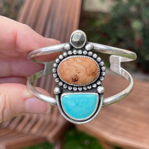 Turquoise and Wood Cuff Bracelet, Handmade Sterling Silver Bohemian Jewelry, Unique Gifts For Her, Nature Jewelry, Adjustable Bracelet