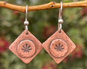 Copper Pot Leaf Dangle Earrings, Unique Gifts for Her, Handmade Sterling Silver Bohemian Jewelry, Rustic Lightweight Earring, Everyday