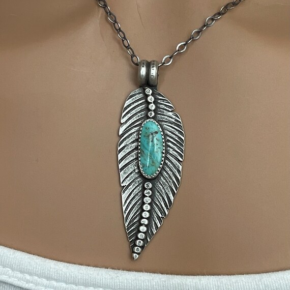 Kingman Turquoise Feather Necklace, Handmade Sterling Silver Kingman Turquoise Feather Necklace, Handmade Sterling Silver