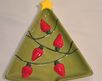 Hallmark Cheese Plate Christmas Tree - Vintage - Green, Red, Yellow Ceramic - 8" long x 7" wide (at bottom)