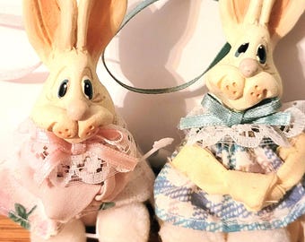 Vintage Russ Berrie Bunny Ornament Pair – Wee Countrykins Easter Decor