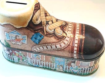 Vintage Collectible "The Little Old Woman Who Lived in a Shoe " Tin Bank