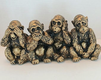 Vintage Four Wise Monkeys Statue – See, Hear, Speak, Do No Evil Resin Decor