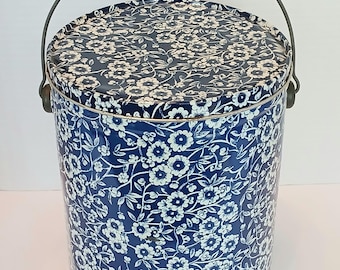 Vintage Blue Calico Tin with Wire Handle