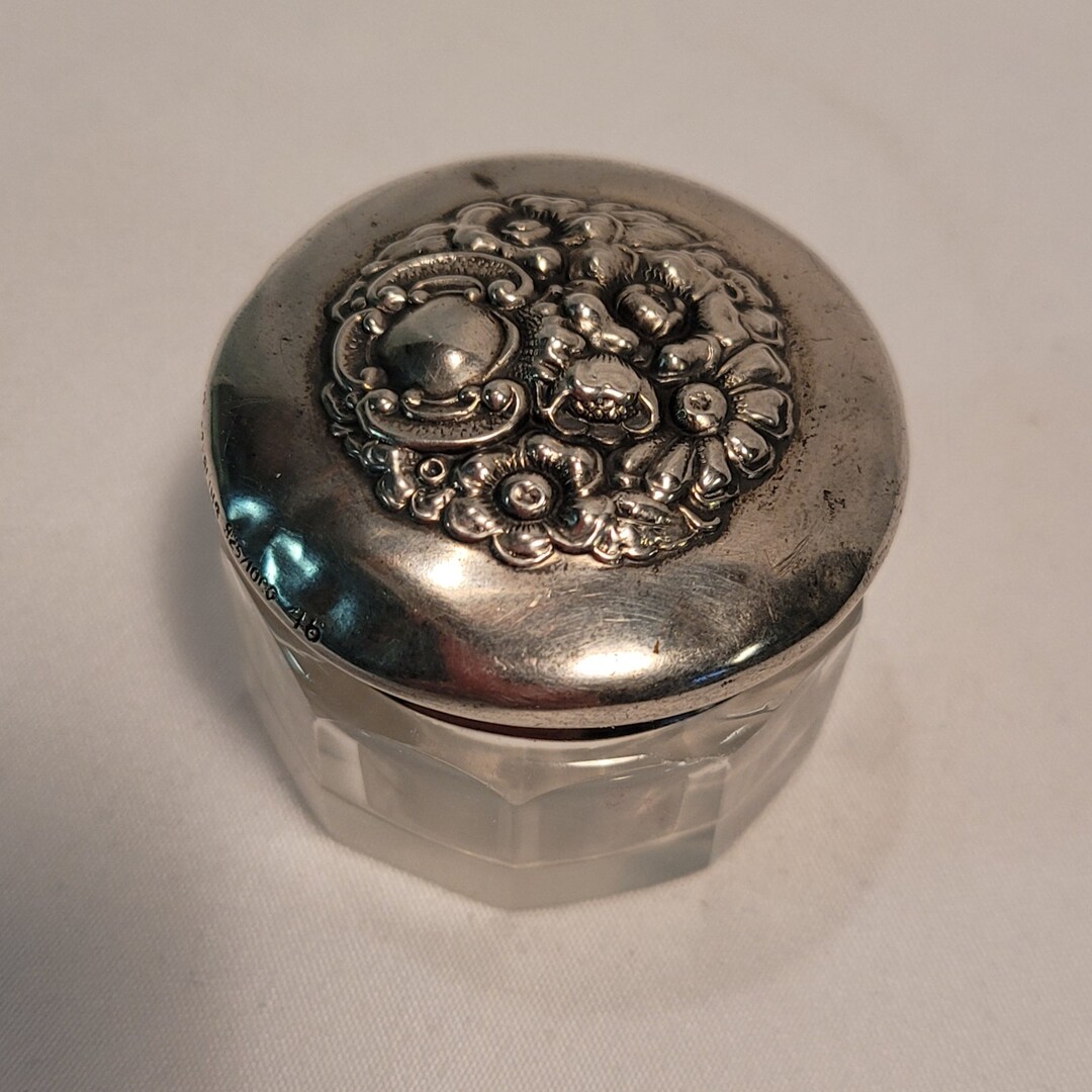 Sterling Silver Lid Glass Jar Antique Makeup Jar Vanity Jar Pill Box