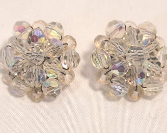Aurora Borealis Rhinestone Clip Earrings - Formal Event Jewelry