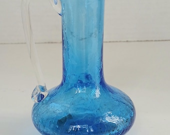 Vintage Blue Crackle Glass Mini Pitcher - VGC - 4"