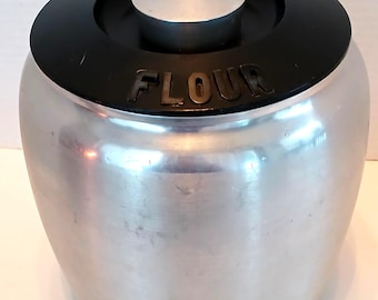 Vintage 1950s Kromex Spun Aluminum Flour Canister w Plastic Top - MCM - 8" Tall