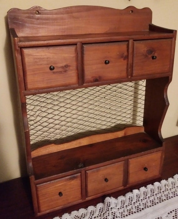 Sale Vintage Wooden Wall Shelf 6 Drawers Wire Back Etsy