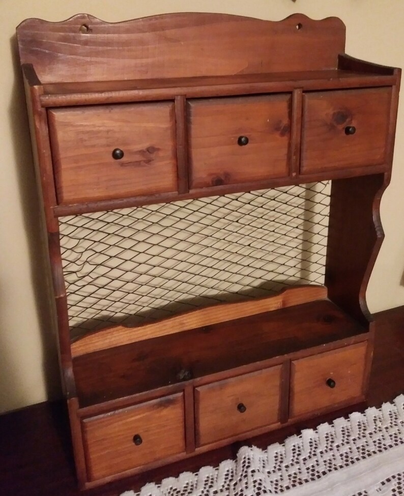 Vintage Wooden Wall Shelf 6 Drawers Wire Back 50 S