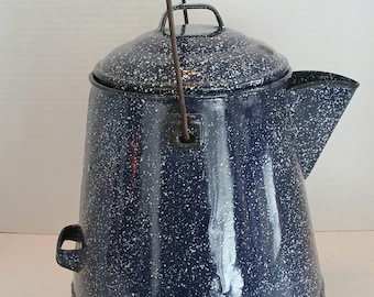 Vintage Large Navy Speckled GraniteWare Cowboy Coffeepot - Bail Handle - Very Good Condition