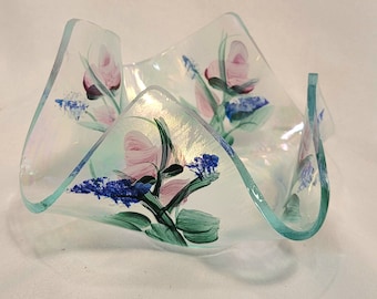 Vintage Hand Painted Floral Glass Tea Light Holder – Iridescent Decor