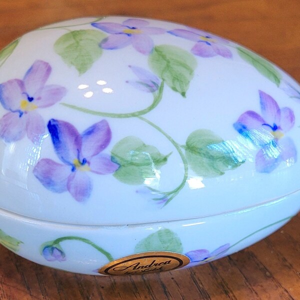 Vintage Porcelain Egg Trinket Box - Andrea by Sadek - Hand Painted - 4.25"l x 2.5"deep