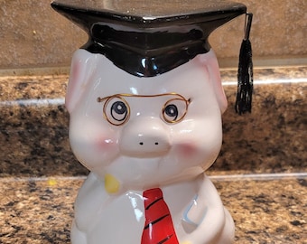 Vintage 6" Ceramic Piggy Bank Graduation w/ Glasses & Mortar Board