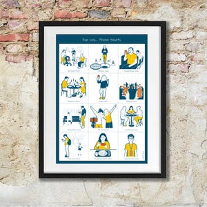 May include: A framed print with the text "Eye spy... Phone twats" above a grid of cartoon illustrations depicting various phone-related behaviors. The illustrations are in blue and yellow on a white background.
