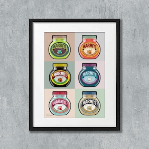 May include: A framed print of a colorful illustration of six jars of Marmite, a yeast extract spread. Each jar has a different color background and a different design on the label. The print is titled "Marmite" and is signed "Clara Maud".