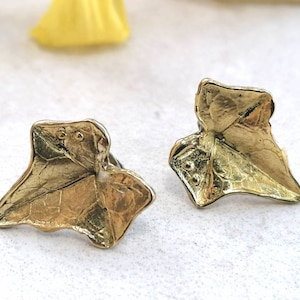 Peut inclure: Une paire de boucles d'oreilles dorées en forme de feuilles de lierre. Les feuilles ont une surface texturée et sont détaillées avec des nervures.
