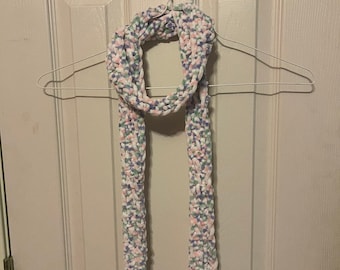 White, green, pink, and purple winter tie scarf