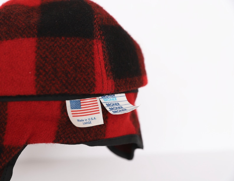 vintage 1960s vintage RED /& black WOOL made in the USA ear flap fold down hat size large