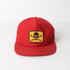 vintage 1980s SKULL and crossbones SKATER hat snapback cap vintage red & yellow baseball hat - FREE shipping U.S.A