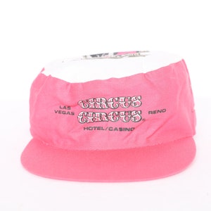 vintage Las VEGAS & Reno NEVADA pink and white 1980s faded PAINTER&#39;S baseball cap Circus Circus 80s casino snapback hat -- great condition