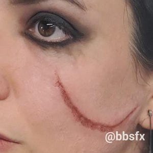 Könnte beinhalten: Eine Person mit dunklem Augen-Make-up und einer roten Narbe auf der Wange. Die Person hat dunkles Haar mit einigen grauen Strähnen. Eine Sicherheitsnadel befindet sich im Ohr. Der Text @bbsfx ist sichtbar.