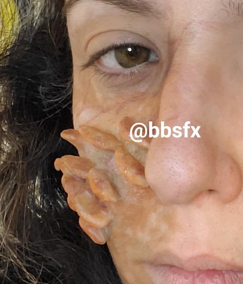 May include: Close-up of a person's face with a special effects makeup application. The makeup is designed to look like a fleshy, textured growth on the side of the face. The text '@bbsfx' is visible on the image.