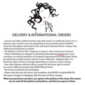 May include: Black and white illustration of a woman's face with a red lipstick stain. The text "BBs FX" is in red and white. The text "DELIVERY & INTERNATIONAL ORDERS" is in black. The text below describes shipping and order processing information.