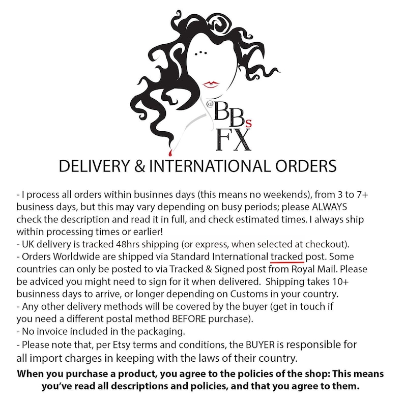 May include: Black and white illustration of a woman's face with a red lipstick stain. The text "BBs FX" is in red and white. The text "DELIVERY & INTERNATIONAL ORDERS" is in black. The text below describes shipping and order processing information.