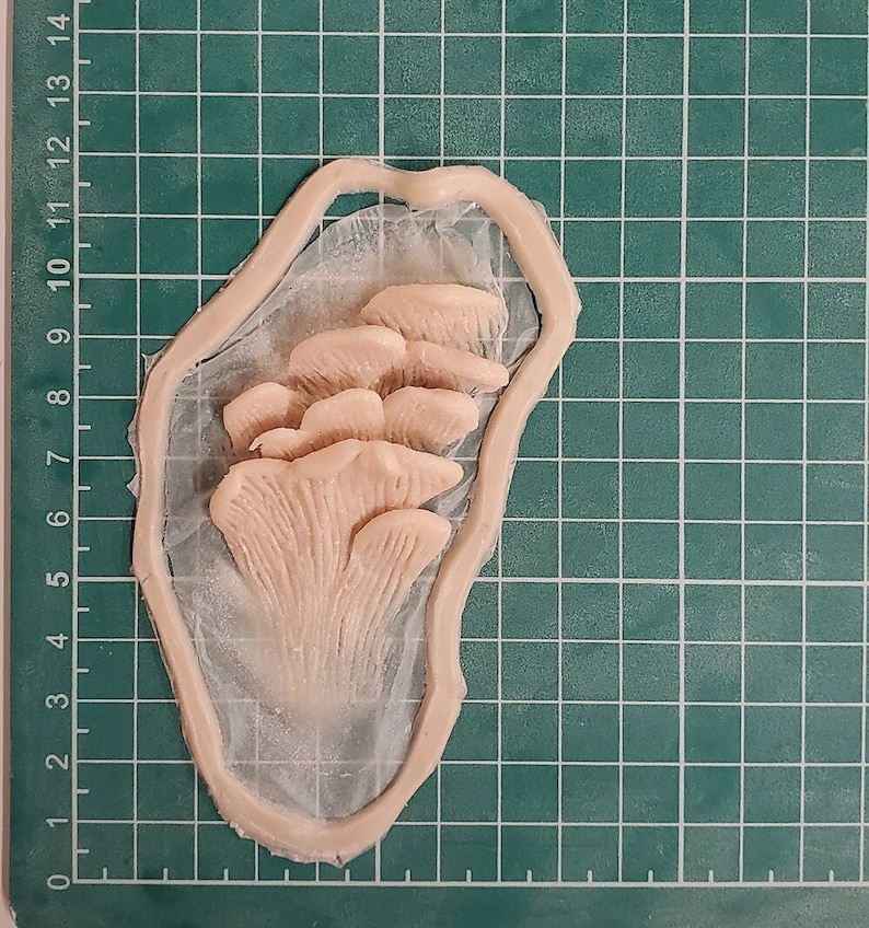 May include: A close-up of a silicone mold for making mushroom-shaped decorations. The mold is light pink and has a detailed design of a cluster of mushrooms.