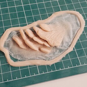 May include: A close-up of a cluster of oyster mushrooms, arranged in a circular shape, on a green cutting mat. The mushrooms are pale pink and have a delicate, frilly texture.