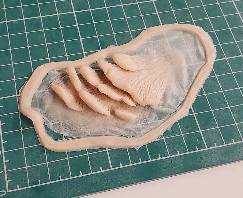 May include: A close-up of a cluster of oyster mushrooms, arranged in a circular shape, on a green cutting mat. The mushrooms are pale pink and have a delicate, frilly texture.