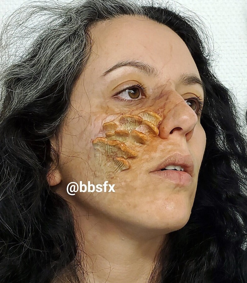 May include: A woman with long dark hair has a realistic special effects makeup application on her face. The makeup looks like a cluster of mushrooms growing on her cheek. The text '@bbsfx' is visible on her cheek.