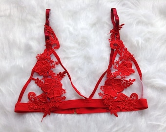 red lace bralette, valentines gift, red lingerie, sheer lingerie, festival bralette