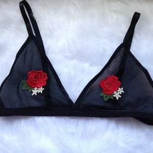 rose applique black mesh bralette