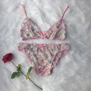 Rose pink floral chiffon lingerie set