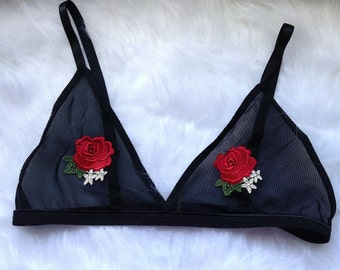 rose applique black mesh bralette