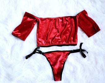 red velvet bardot crop top lingerie set
